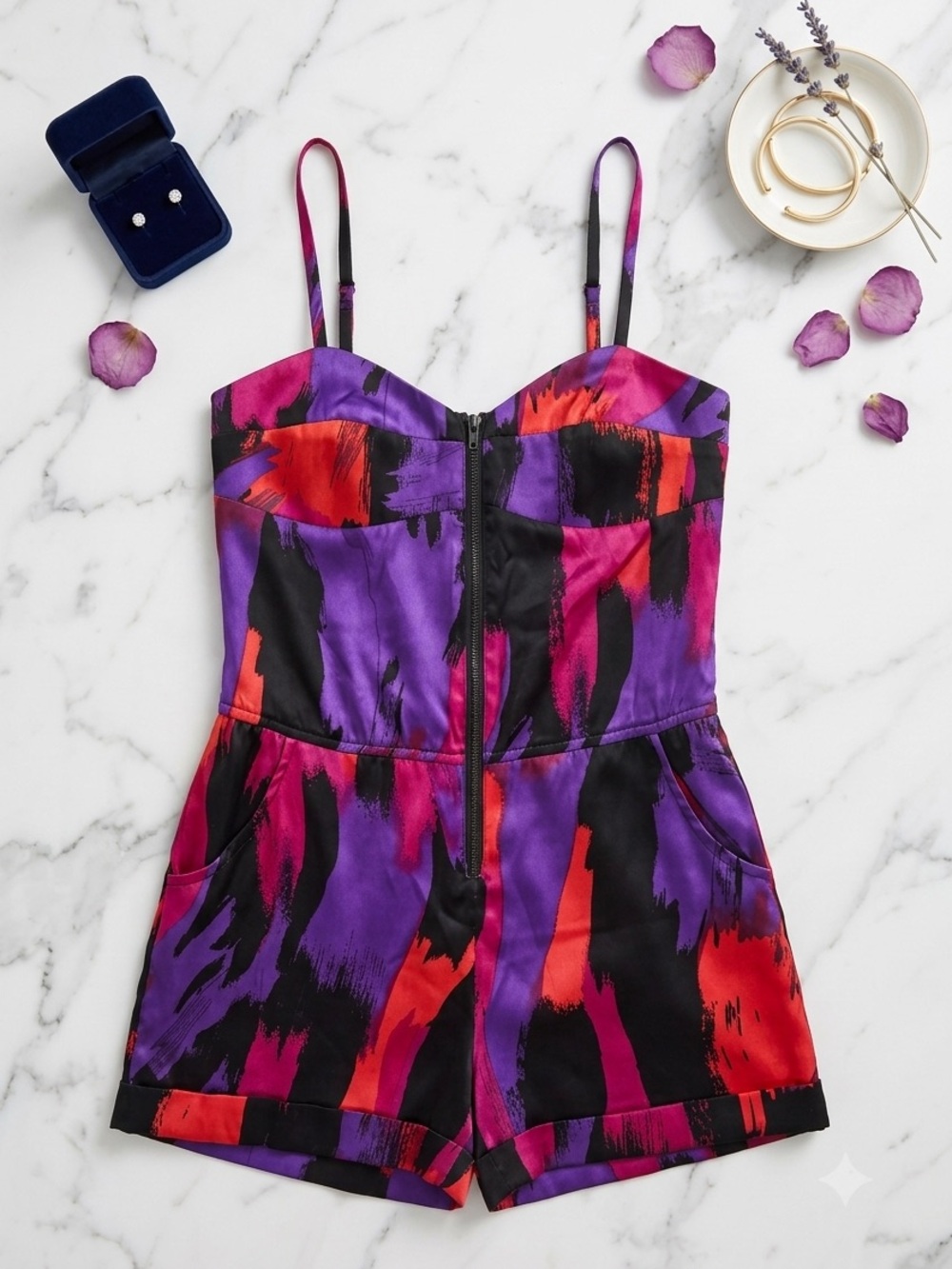 Vibrant Abstract Print Satin Romper - Purple & Red